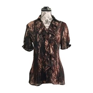 Y2K Sheer Brown Black Ruffle Blouse Witch Victorian puffed sleeves Size 8